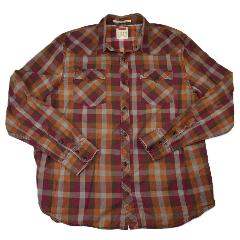 Levis Mens XXL Modern Fit Plaid Western Long Sleeve Black Pearl Snap Down Shirt